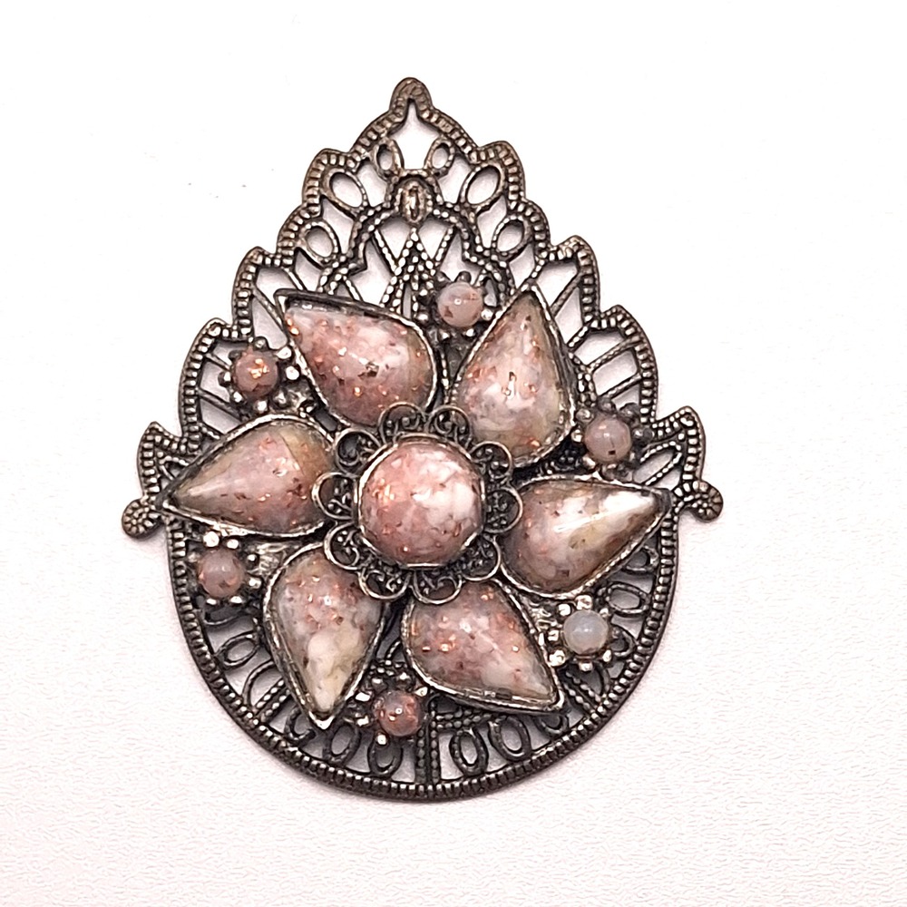 Vintage Glass Fire Opal Brooch Filigree Floral Oxidized Silver tone Open Work 2"